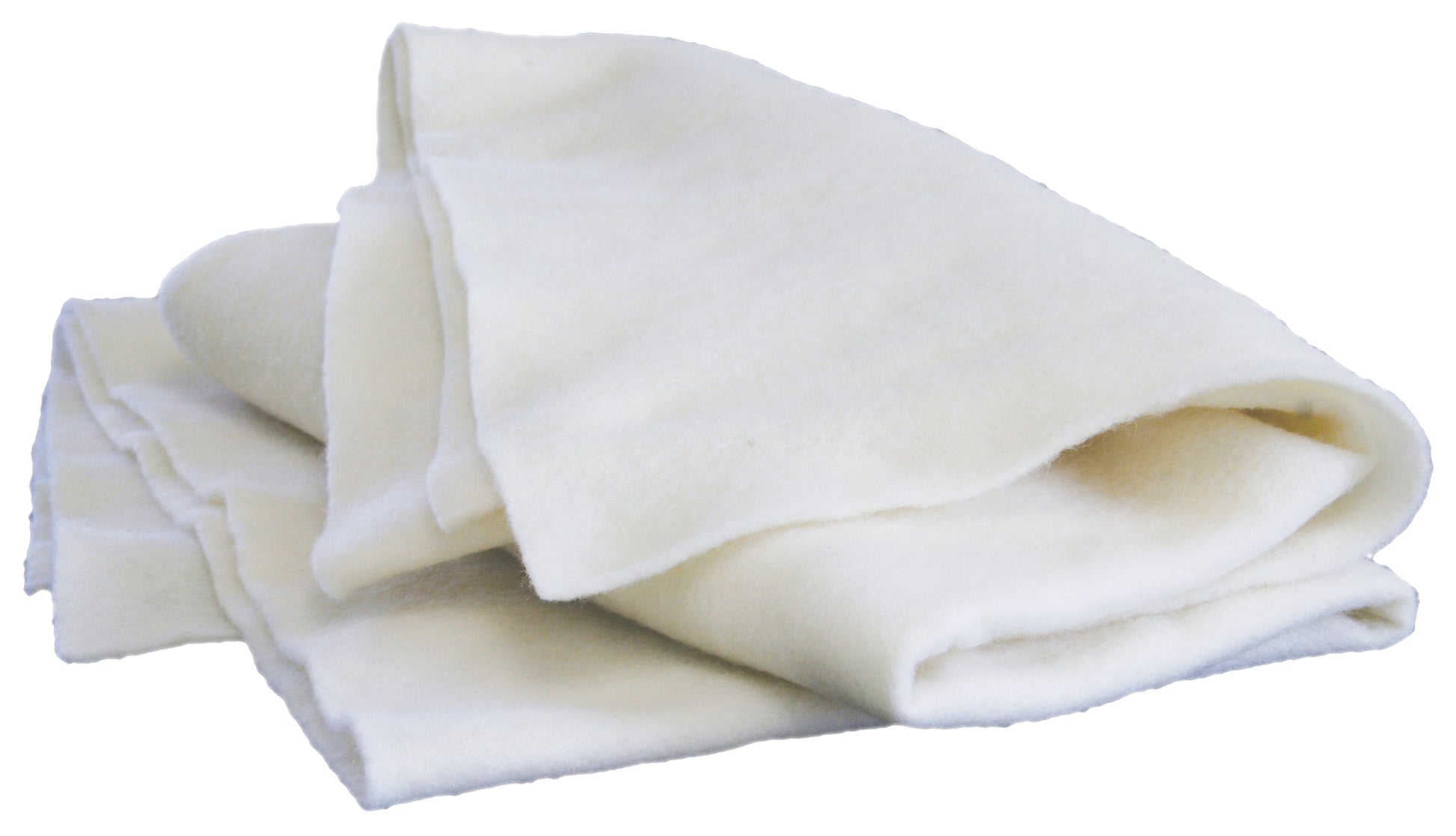 A folded, cream-colored wool Merino Prefelt from Europa Wools Ltd lies against a plain white background. The texture appears soft and slightly thick, suggesting warmth and comfort. With natural, slightly uneven edges hinting at handcrafted quality, this Merino Prefelt is perfect for nuno felting projects or adding touches to other creations.