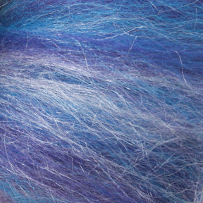 Close-up of Europa Wools Ltd's Merino Silk Top Fiber, showcasing luxurious strands in a harmonious blend of blue, purple, and gray tones, creating a soft, wavy texture.