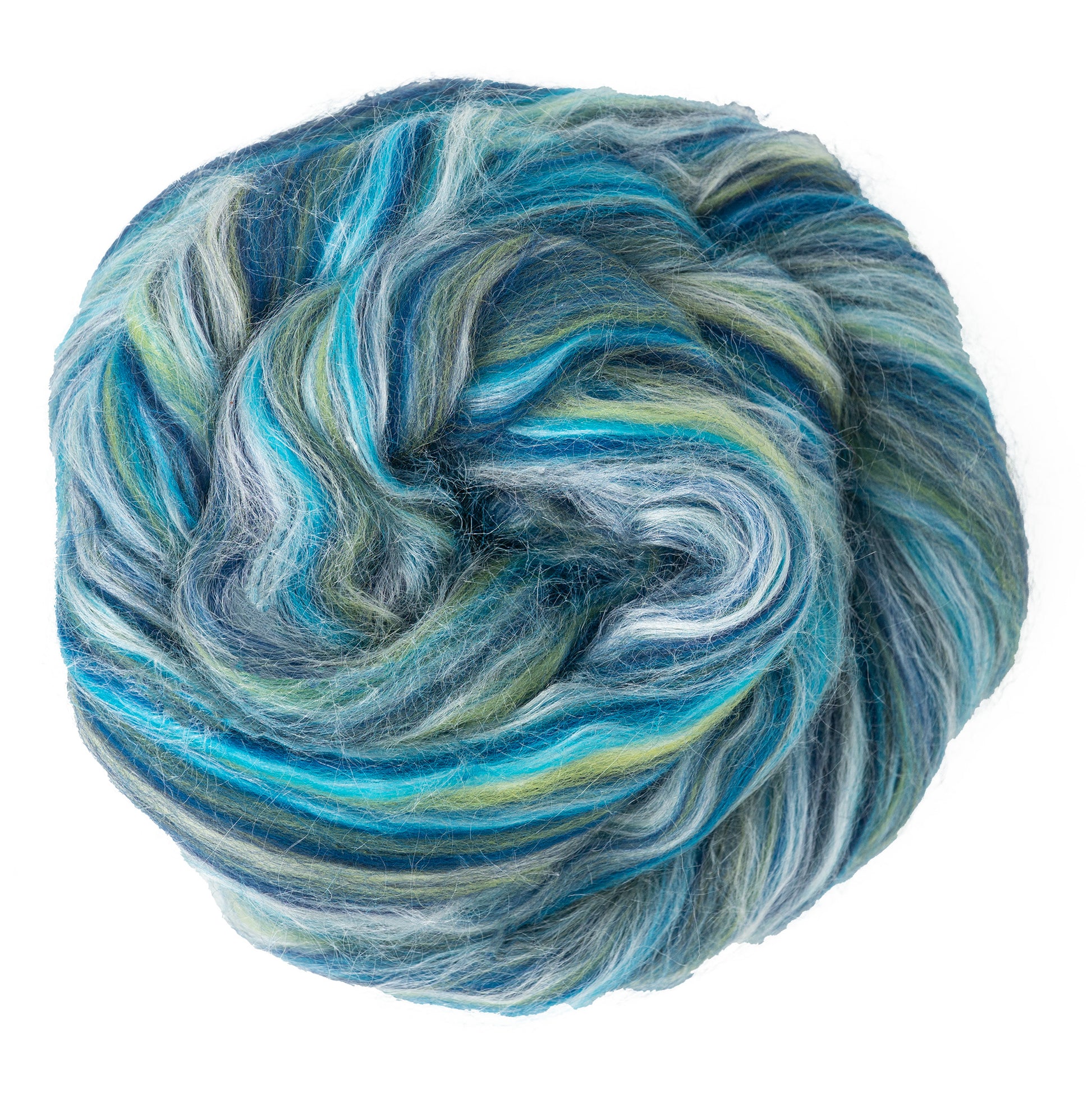 A skein of Europa Wools Ltd's Merino Silk Top Fiber, available by the ounce, showcases luxurious shades of blue, green, and gray. Its soft and fluffy silk blend fibers are coiled into a round shape against a white background, presenting a stunning mix of light and dark tones with an exquisite touch.