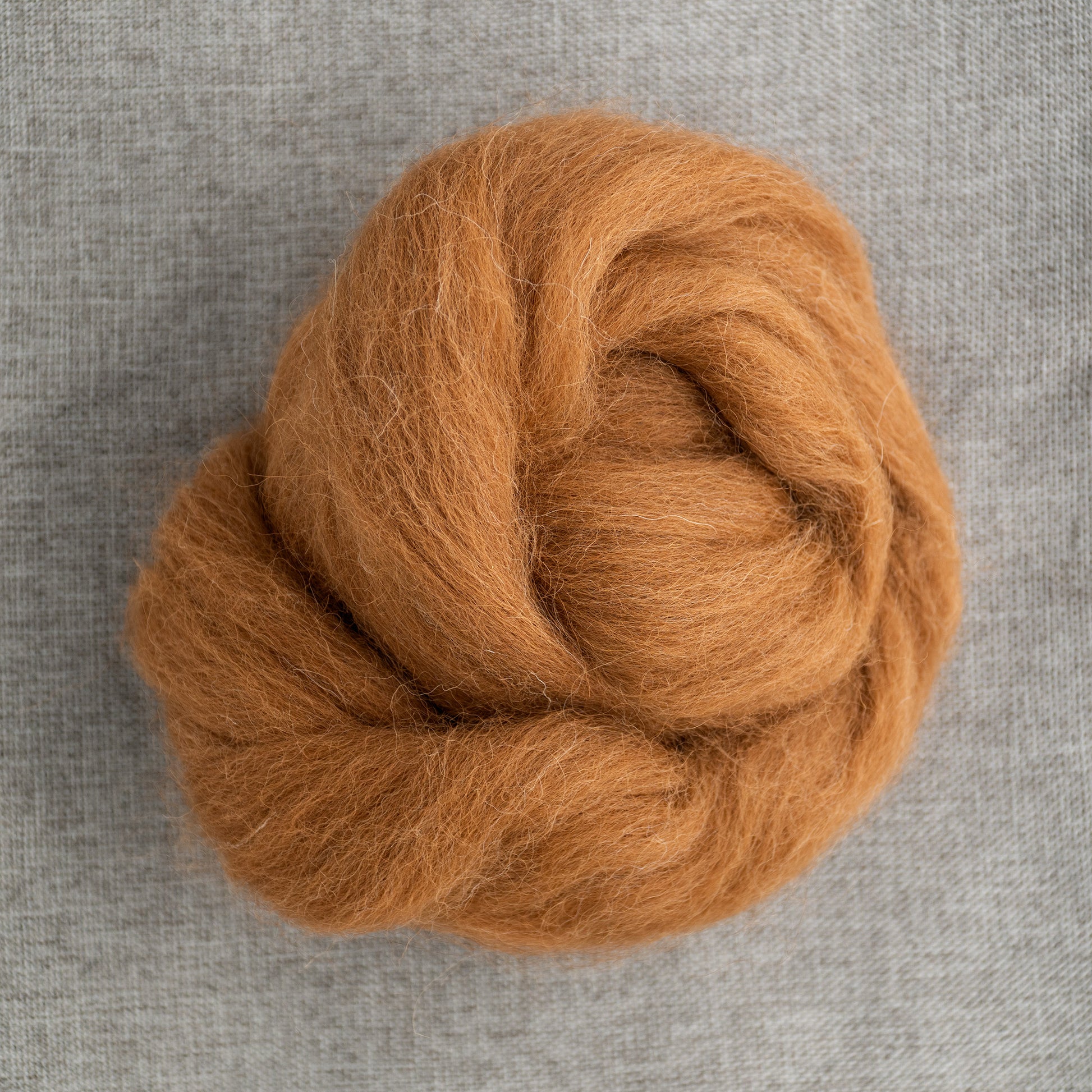 A thick, twisted bundle of Alpaca Top from Europa Wools Ltd, in a soft, light brown hue, is set against a textured, light gray fabric background. The alpaca fiber roving appears fluffy and smooth, showcasing fine fibers and a rich, warm color reminiscent of the South American Andes.