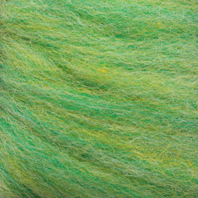 A close-up image of Kraemer's Mauch Chunky Roving in green, showcasing a blend of light and dark shades. The textured and soft appearance is enhanced by the combination of various green tones, giving it a vibrant and natural feel with subtle hints of yellow scattered throughout. This roving is ideal for needle and wet felting projects.