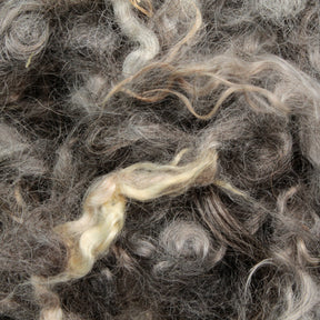 Close-up image of tangled, textured fibers that appear to be a mixture of brown, gray, and off-white colors. The curly, frizzy strands create a chaotic yet intricate web of **Kid Mohair Locks & Loose Fiber** from **Prairie Lake Farm**.