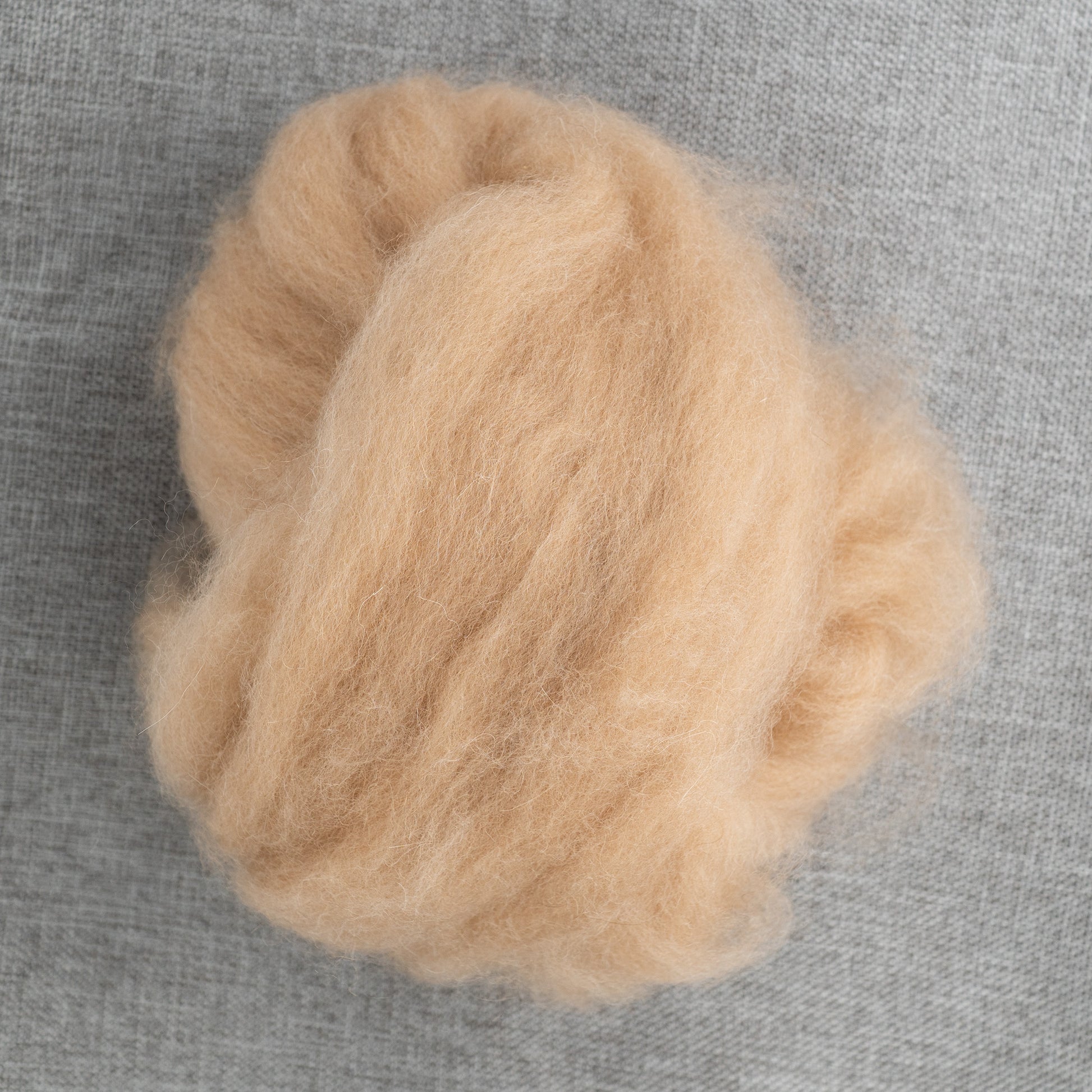 A fluffy ball of tan Baby Camel Top from Europa Wools Ltd is on a gray surface. The wool appears soft and textured, with ideal fiber lengths, ready for use in spinning or crafting projects.