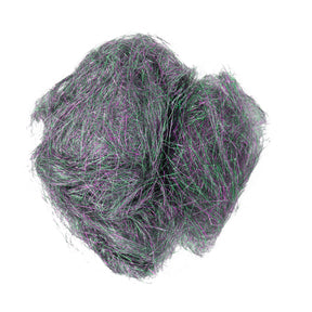 The product image for Foxglove Fiberarts Supply's "Clearance! Crystal Mylar Fiber" showcases a close-up of a tangled mass of iridescent fibers. Predominantly green with shimmering highlights and subtle hints of purple, the wispy and textured fibers resemble a bird's nest against a plain white background.