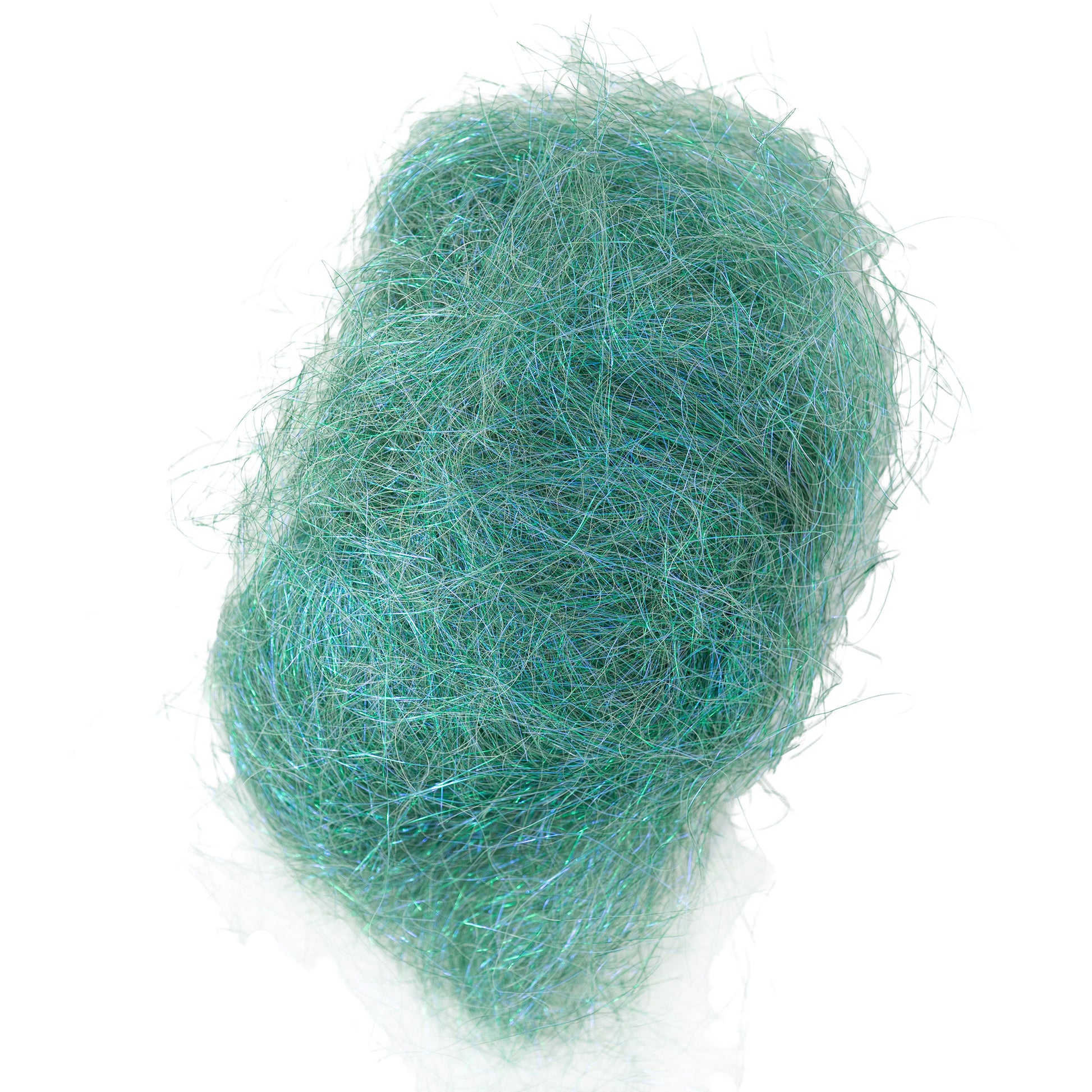 A detailed view of a bundle of "Clearance! Crystal Mylar Fiber" by Foxglove Fiberarts Supply, showcasing wispy, tangled synthetic fibers with shimmering highlights and a metallic sheen, reminiscent of multifaceted turquoise threads.