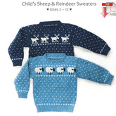 Two knitted children's sweaters from Yankee Knitter Designs are displayed. The top navy classic pullover features a reindeer motif with white reindeer and snowflakes, while the bottom light blue sweater showcases a sheep motif with white and black sheep and snowflakes. Text indicates sizes range from 2 to 12 years.