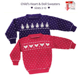 Two knitted sweaters for children are displayed. One sweater is purple with white tree patterns, while the other features charming heart motifs in red and white. At the top, the text reads: "Child's Heart and Doll Sweaters by Yankee Knitter Designs, sizes 2-12," accompanied by an Adobe PDF icon in the corner.