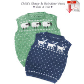 Displayed are two knitted vests for children from Yankee Knitter Designs. One vest features a green sheep motif with white dots, while the other showcases a navy blue reindeer motif with matching dots. The text above reads "Child's Sheep & Reindeer Vests, sizes 2-12," accompanied by a PDF download icon.