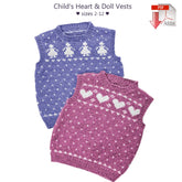 Displayed are two knitted vests for children: a girl's purple vest with white penguin designs and a pink vest featuring a heart motif, both adorned with white dots. The text above reads "Child's Heart & Doll Vests, download" from Yankee Knitter Designs, available in sizes 2-12, accompanied by a PDF icon.