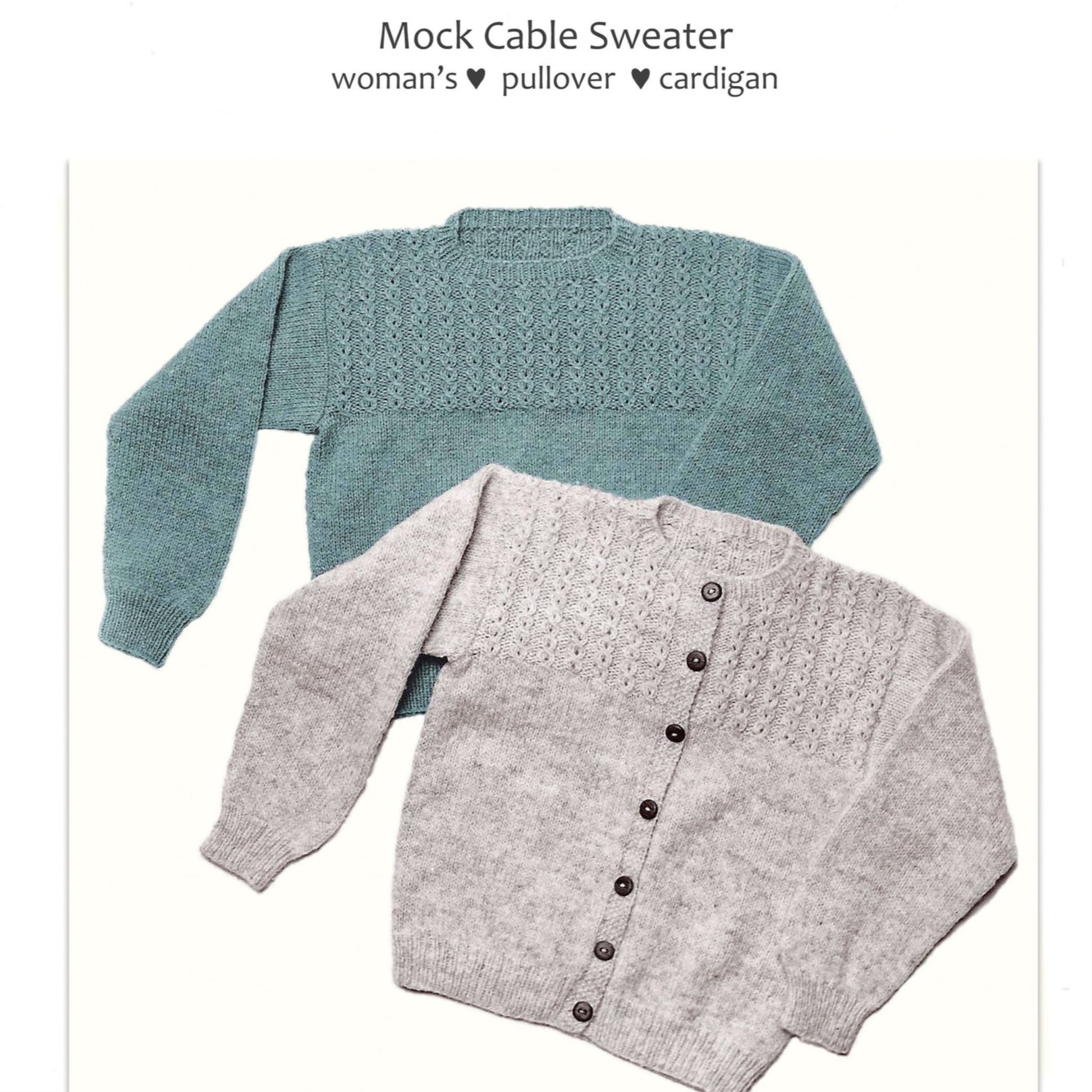 A display of two knit sweaters: a teal crewneck pullover and a light gray buttoned cardigan with mock-cabled yoke patterns on the chest area. At the top, the text reads "Yankee Knitter Designs: Pattern Hats for Woman – Pullover & Cardigan".