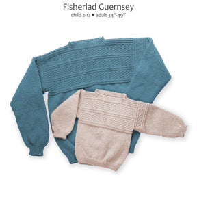 Two knit sweaters are displayed flat on a white background. The teal sweater is sized for an adult, and the beige one is sized for a child. Both showcase a textured pattern of knit and purl on the chest and shoulders. Text above reads "Fisherlad Guernsey child 2-12 ♥ adult 34''-49'' by Yankee Knitter Designs.