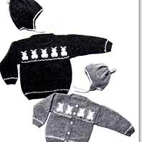 The set includes three knitted outfits designed by Yankee Knitter Designs, featuring the Child’s Bunny Sweater and matching hats. The sweaters, made from worsted weight wool, are available in both dark and light colors and are adorned with a row of white bunny designs across the chest. One hat is crafted to match the dark-colored sweater, while the other complements the light-colored sweater.