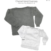 Two Channel Island Guernsey sweaters by Yankee Knitter Designs are displayed. One is a gray, adult-sized (34" - 46" chest) with a boat neck, while the other is white and smaller for children (6 months - 10 years). Both are knit in cotton, showcasing intricate textured patterns on the sleeves and shoulders, laid flat on a white background.