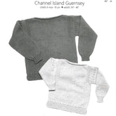 Two Channel Island Guernsey knit sweaters by Yankee Knitter Designs, available in both children and adult sizes, are shown against a plain background. The larger sweater is medium grey, and the smaller one is light grey. Both feature long sleeves with subtle ribbed detailing around the shoulders and an open boat neck, all knit in soft cotton.