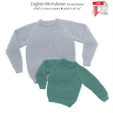 Two knitted English Rib Pullovers from Yankee Knitter Designs, one in light gray and the other in green with leather elbow patches, are displayed against a white background. Text above them reads, "English Rib Pullover for Children & Adults, child sizes 6 mos-12 years, adult sizes 36''-50''." A PDF icon with an Adobe logo is positioned in the top right corner.