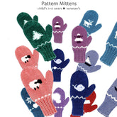 A display of vibrant Yankee Knitter Pattern Mittens by Yankee Knitter Designs, available in various sizes for children aged 2-12 and women. These beautiful mittens feature patterns like animals and trees in an array of colors, including pink, purple, blue, green, red, and white.