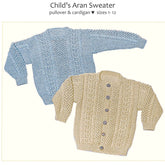 An image showcasing a child's knitted Aran sweater pattern from Yankee Knitter Designs. It includes two sweaters: a light blue pullover and a beige buttoned cardigan. Each sweater boasts detailed cable designs, featuring horseshoe cables and double moss stitches, available in sizes 1-12. The text reads "Child's Aran Sweater, Pullover & Cardigan by Yankee Knitter Designs, sizes 1-12.