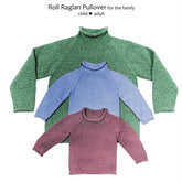 Three knitted Roll Neck Raglan Sweaters from Yankee Knitter Designs are displayed against a white background. The largest sweater is green, the medium one is light blue, and the smallest one is maroon. The text at the top reads, "Roll Neck Raglan Sweater for the family, child ♥ adult." Perfect patterns for every family's wardrobe.