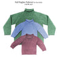 Three knitted Roll Neck Raglan Sweaters from Yankee Knitter Designs are displayed against a white background. The largest sweater is green, the medium one is light blue, and the smallest one is maroon. The text at the top reads, "Roll Neck Raglan Sweater for the family, child ♥ adult." Perfect patterns for every family's wardrobe.