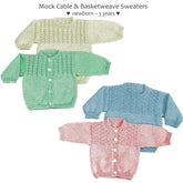 Four hand-knitted baby sweaters are showcased in yellow, green, blue, and pink. Each piece features intricate patterns and is buttoned down the front. Text above reads "Mock Cable & Basketweave Sweaters ♥ newborn – toddler ♥" by Yankee Knitter Designs.