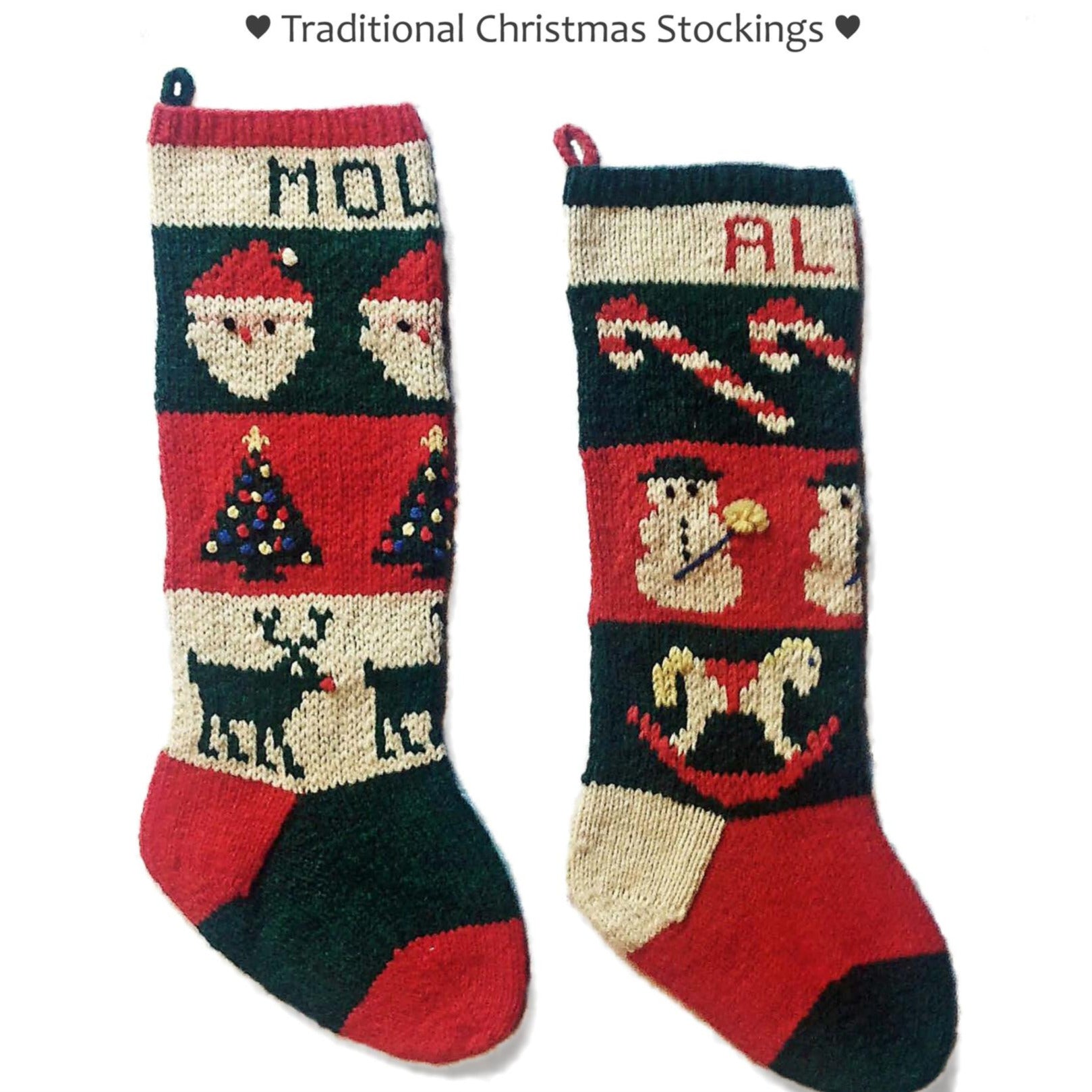 Two Traditional Christmas Stockings by Yankee Knitter Designs, each measuring 23", hang side by side. The left stocking showcases Santa faces, Christmas trees, and reindeer within intricate design bands. The right stocking features candy canes, candles, and bells. Both stockings are adorned in classic holiday colors of red, green, and cream.