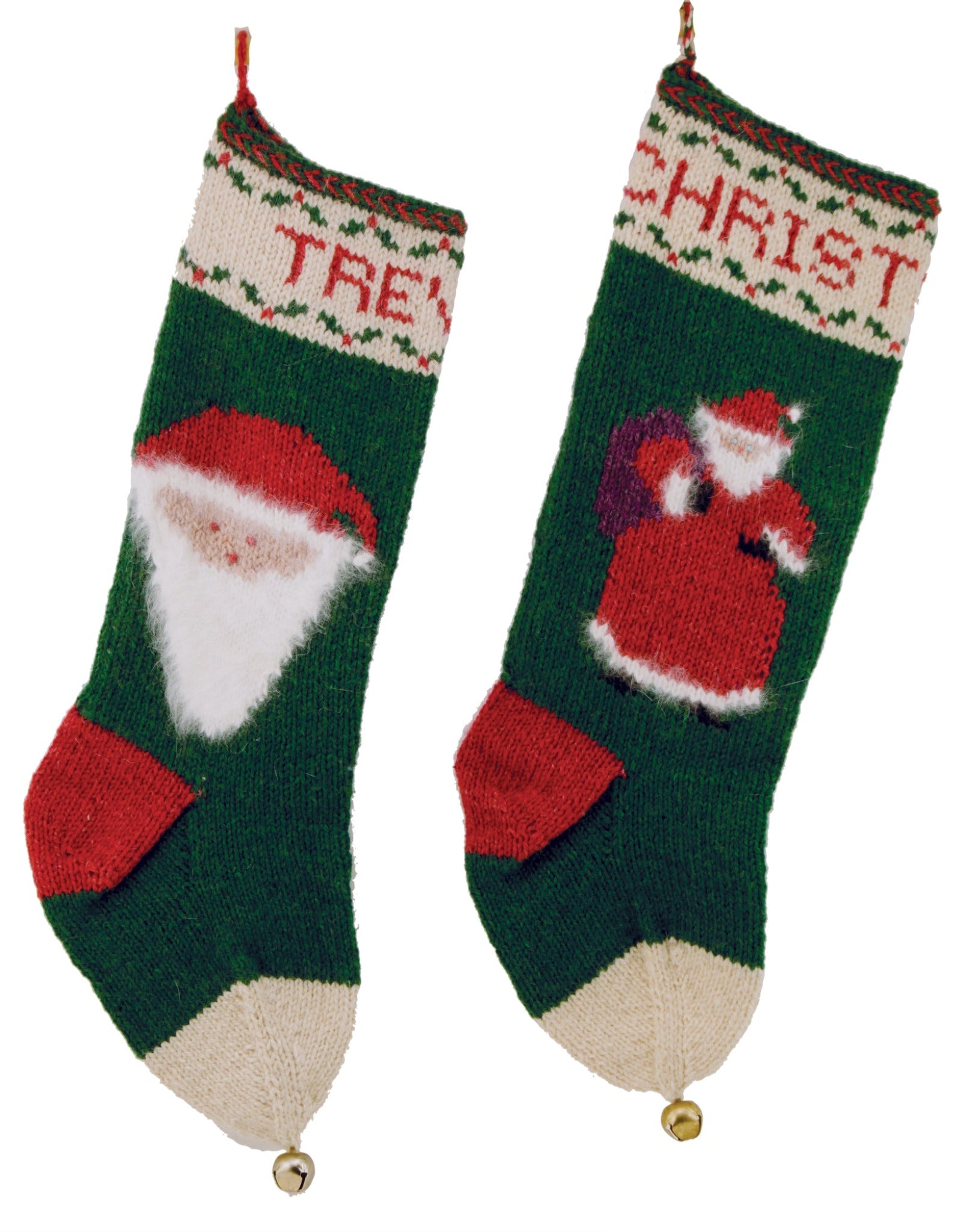 Two Santa Christmas Stockings by Yankee Knitter Designs are shown. The green stockings feature red, white, and green patterns. One has a Santa face and the name "TREY" at the top, while the other shows a full Santa figure with a sack of toys and the name "CHRIST" at the top. Both have bells at the toes.