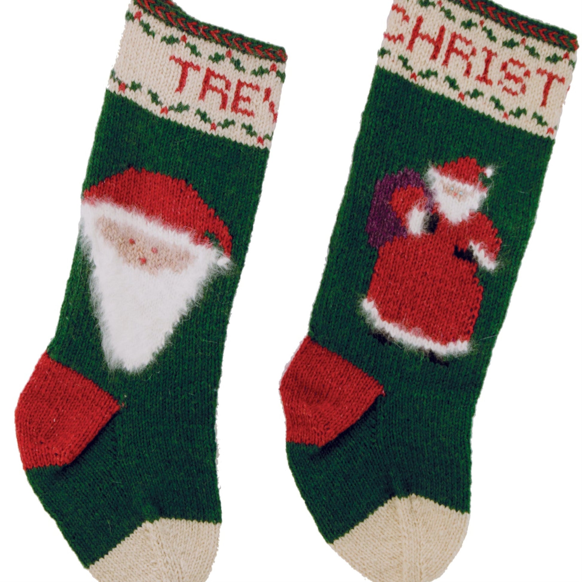 Two knitted Santa Christmas Stockings by Yankee Knitter Designs feature green tops, red heels and toes, and white cuffs. One stocking showcases a large Santa head with "TREY" on it, while the other has a full-body Santa with "CHRIST" on it. Both stockings include an old-fashioned holiday pattern at the top.