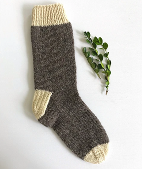 A single sock from the "Classic Socks, download" collection by Yankee Knitter Designs features a gray body with cream-colored toe, heel, and cuff. It lies flat on a white surface, revealing its intricate pattern alongside a small sprig of green leaves.