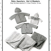 A black-and-white image from Yankee Knitter Designs displays baby clothes and blankets, including top-down sweaters sized from preemie to twelve months. It features two small knitted sweaters—one of which is striped—two knitted hats at the top, and three folded knitted blankets at the bottom. Text at the top reads "Baby Sweaters, Hat & Blankets.