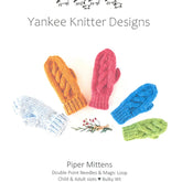 This image shows a knitting pattern cover titled "Yankee Knitter Designs" and "Pattern #33." It features the "Cozy Cable Mittens" pattern, depicting five colorful mittens in blue, orange, red, green, and another blue mitten. The pattern includes details on the required knitting tools and sizes for these cozy mittens. Available for download from Yankee Knitter Designs.