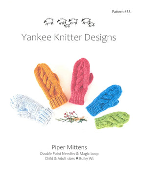 This image shows a knitting pattern cover titled "Yankee Knitter Designs" and "Pattern #33." It features the "Cozy Cable Mittens" pattern, depicting five colorful mittens in blue, orange, red, green, and another blue mitten. The pattern includes details on the required knitting tools and sizes for these cozy mittens. Available for download from Yankee Knitter Designs.