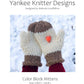 The image showcases the cover of a knitting pattern for the "Color Block Mittens" by Yankee Knitter Designs. This pattern, created by Melinda Goodfellow, features chunky mittens adorned with a small red ladybug button and includes all necessary pattern details.