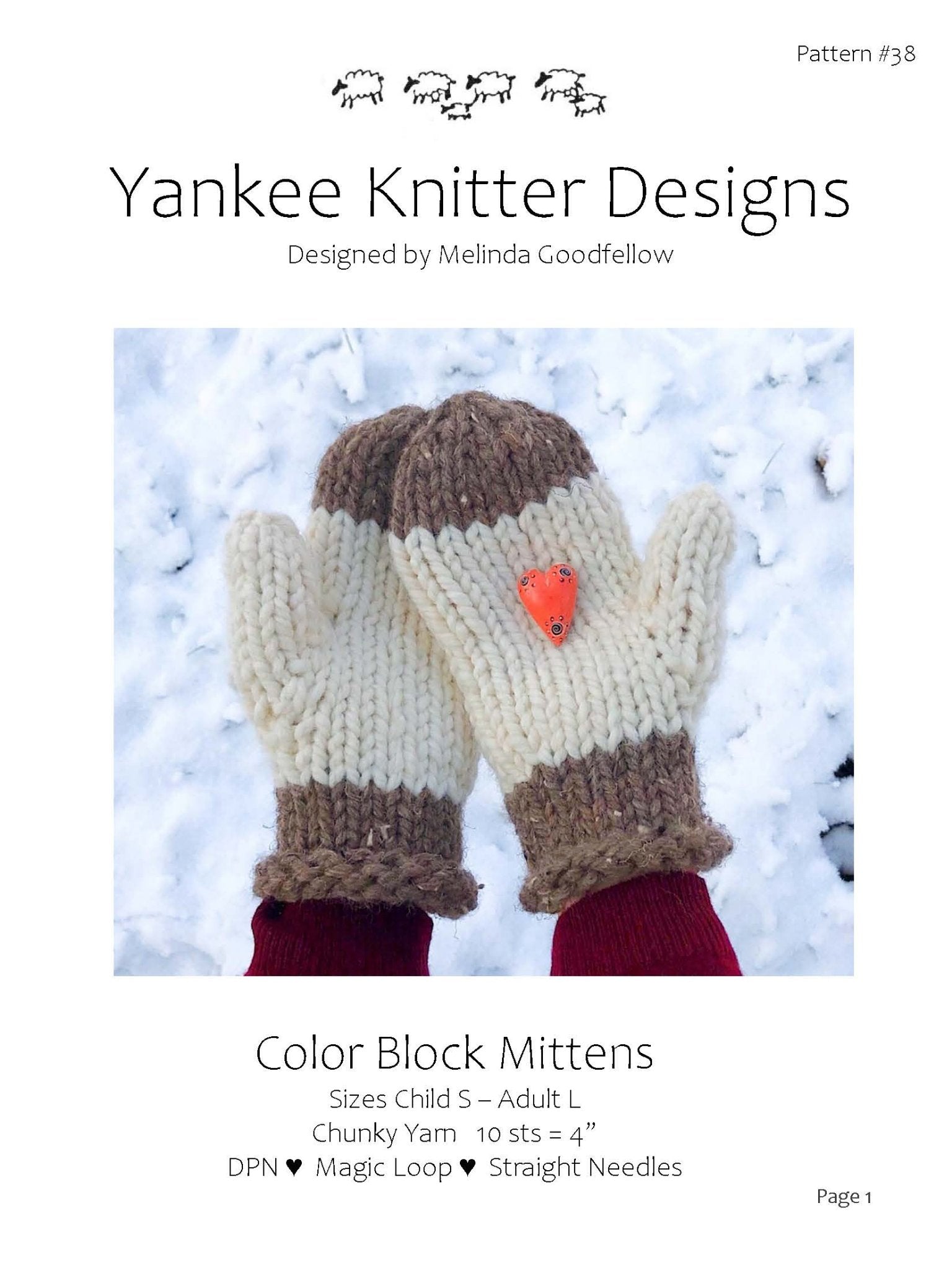 The image showcases the cover of a knitting pattern for the "Color Block Mittens" by Yankee Knitter Designs. This pattern, created by Melinda Goodfellow, features chunky mittens adorned with a small red ladybug button and includes all necessary pattern details.