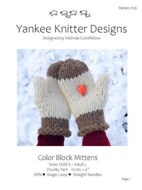 Pattern cover for "Color Block Mittens, download" from Yankee Knitter Designs by Melinda Goodfellow. The image shows knitted mittens made with chunky yarn, showcasing a white and brown color block design featuring a heart-shaped patch. This chunky mittens pattern includes sizes from Child S to Adult L and is suitable for advanced beginner knitting skills.