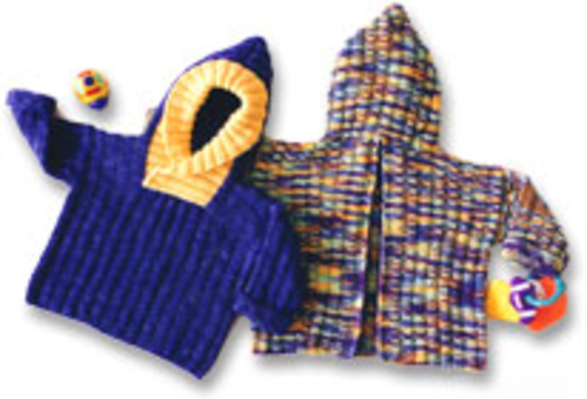 Two vibrant, knitted hooded baby jackets from Bryson Distributing, Inc. are displayed next to one another. One is predominantly blue with a yellow-lined hood and an easy garter rib pattern, titled the Back Zip Baby Jacket. The other jacket features a multicolored design and includes a convenient back zipper. Small, multi-colored balls are placed beside each jacket for added charm.