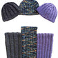 Displayed are three of Everyone's Favorite Hat & Scarf sets by Bryson Distributing, Inc., each featuring a ribbed hat and matching scarf. From left to right, the hats are gray, multicolored (teal, yellow, and black), and purple. Each hat is paired with a scarf in the same color and knitting pattern: gray, multicolored, and purple.