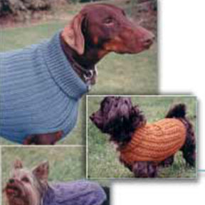 Three dogs wearing Dandy Dog Sweaters from Bryson Distributing, Inc. stand on grass outside. The top left shows a brown dog in a blue sweater, the bottom right features a black dog in an orange sweater, and the bottom left shows a small fluffy dog in a purple sweater, all made with worsted weight yarn for thermal warmth.