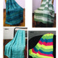 Four different knitted blankets from the Plymouth Yarn Co's The Encore 8-Hour Baby Blanket Revisited collection are displayed on chairs and a bench. EBB10 features a blue checkered pattern, EBB04 showcases stripes in shades of green and white, EBB12 sports a light blue geometric design, and EBB14 boasts bright horizontal stripes of pink, green, blue, and yellow—perfect designs for babies.