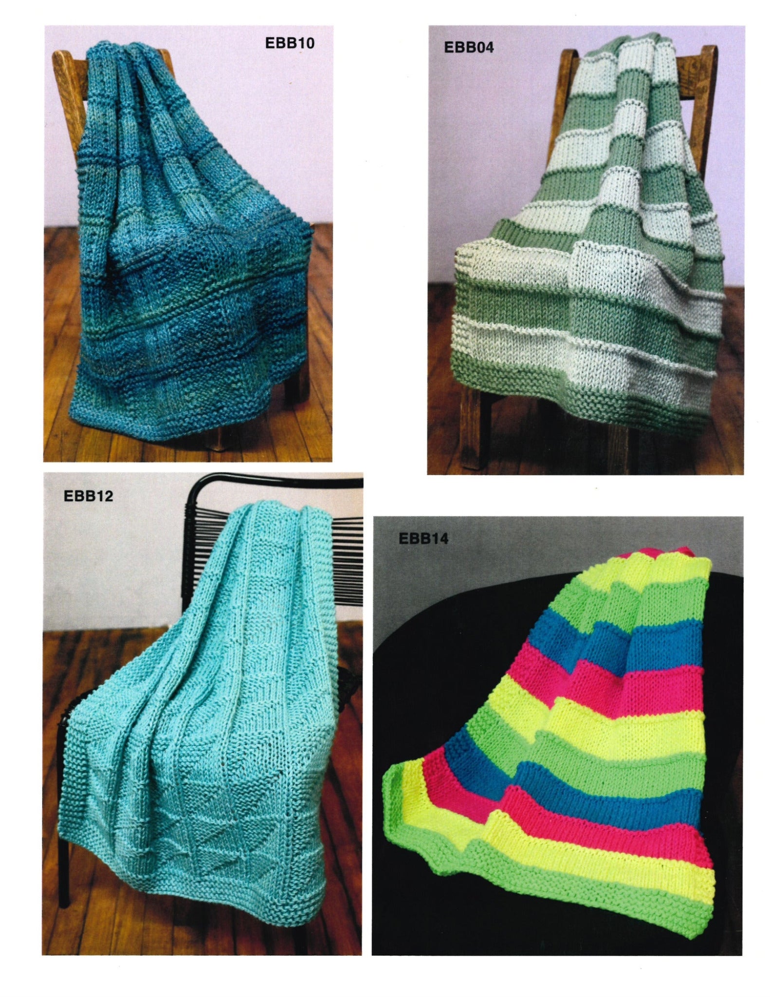 Four different knitted blankets from the Plymouth Yarn Co's The Encore 8-Hour Baby Blanket Revisited collection are displayed on chairs and a bench. EBB10 features a blue checkered pattern, EBB04 showcases stripes in shades of green and white, EBB12 sports a light blue geometric design, and EBB14 boasts bright horizontal stripes of pink, green, blue, and yellow—perfect designs for babies.