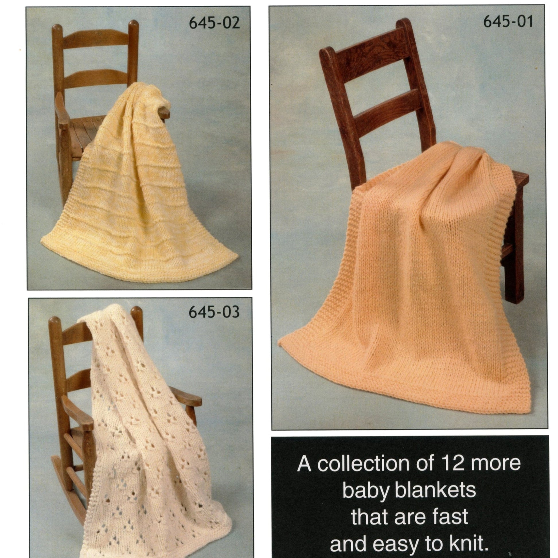 Three wooden chairs, each showcasing a different knitted baby blanket from the "Encore Worsted 8 Hour Choices" collection by Plymouth Yarn Co. The blankets are in soft, pastel colors and draped over the chairs. The text reads, "A collection of 12 more baby blankets that are fast and easy for knitters to craft with worsted weight yarn.