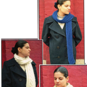 A woman poses against a red brick wall wearing a dark peacoat and luxurious Baby Brush Scarves by Plymouth Yarn Co: a blue one in the top right and bottom right images, and a cream-colored one in the bottom left image. She has dark hair pulled back into a bun, showcasing the elegance of Plymouth Yarn Co's Baby Brush yarn.