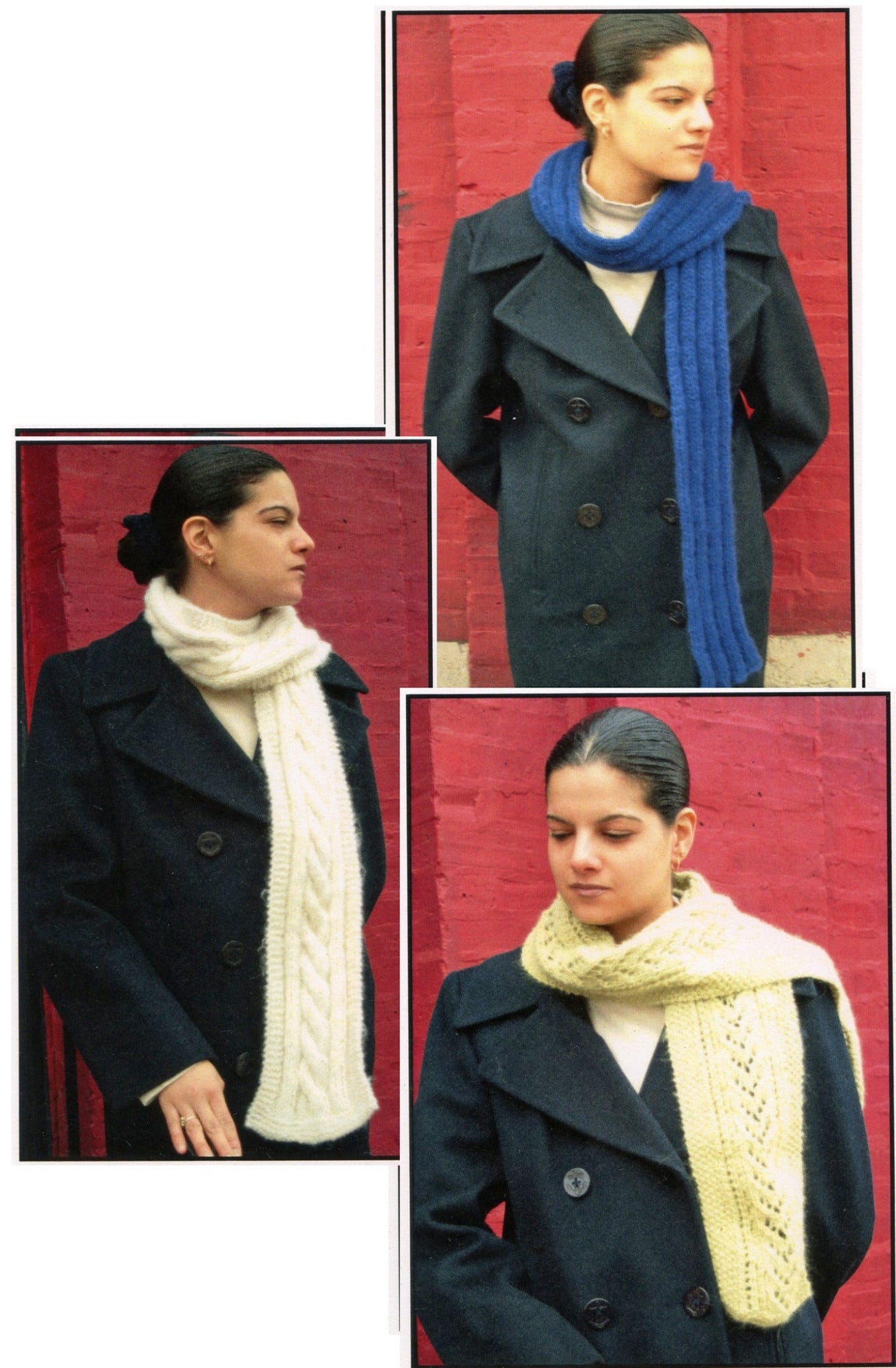 A person with dark hair pulled back is wearing a dark double-breasted coat in front of a brick wall, modeling three luxurious Baby Brush Scarves from Plymouth Yarn Co: a blue ribbed scarf, a white cable-knit scarf, and a cream lacy knit scarf, all crafted from premium Baby Alpaca Brush yarn.