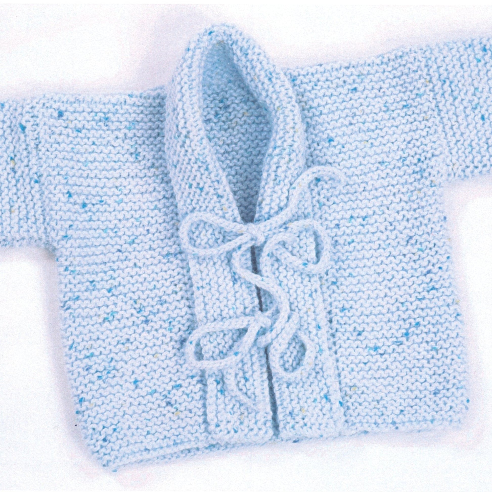 Introducing the Plymouth Yarn Co's Baby Kimono: a stylish light blue knitted baby sweater with long sleeves and a hood, featuring a speckled pattern and tied with matching blue knit ties at the front. Displayed on a plain white background, this elegant piece evokes the timeless charm of traditional kimonos.