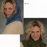 Two images of a model with curly blonde hair against a white background. In the top image, they are wearing a blue knitted hooded scarf from Plymouth Yarn Co and a cream-colored sweater. In the bottom image, they don the Bulky Cabled Cowl in green paired with the same sweater. The text "Tall, Thin" is at the top. Perfect gifts for any season!