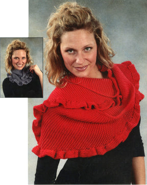 A woman with wavy blonde hair is modeling a red ruffled scarf or shawl by Plymouth Yarn Co, styled as a dressy accessory. She is smiling slightly and wearing a black top. An inset image shows the same woman wearing a gray ruffled scarf or shawl with a ruffled collar, also smiling broadly. The background features a gradient of gray.