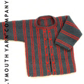 The Child's Striped Jacket Pattern by Plymouth Yarn Co is a gray knitted sweater with red stripes and a button-up front design, displayed on a plain white background with the "Plymouth Yarn Co" text along the left side.