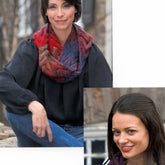 The image features two women. The woman on the left is seated outdoors, wearing a vibrant Chevron Cowl by Plymouth Yarn Co paired with a dark blouse. The woman on the right, shown in a smaller inset photo, has straight dark hair and is smiling.