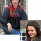 Two women display their Chevron Cowl scarves from Plymouth Yarn Co, showcasing vibrant zigzag patterns. In the top image, a woman with short dark hair wearing a black top sits outdoors. The bottom image features a woman with long dark hair smiling in a dark top, seated by a window. Both images highlight their impressive knitting skills through the colorful designs of the Chevron Cowl scarves.