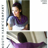 A woman with long dark hair is modeling the Linaza 2 Color Shawl by Plymouth Yarn Co. The top image shows her facing forward with the shawl, which is purple and crescent-shaped, draped over her shoulders. The bottom image shows her from behind, spreading the lace-bordered shawl to display its design. Text reads "Linaza 2883.