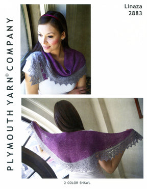 Two images of a woman showcasing a purple and gray crescent-shaped Linaza 2 Color Shawl from Plymouth Yarn Co. The top image shows her wearing the shawl draped around her shoulders, highlighting its lace border, while the bottom image displays the full spread of the lightweight yarn shawl as she holds it out.